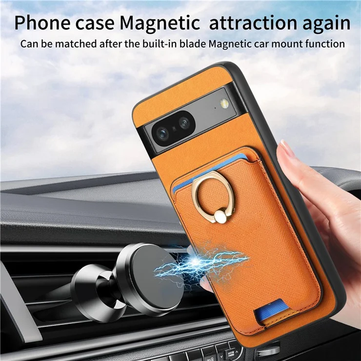 For Google Pixel 7 5G Case Magnetic Card Bag Leather+TPU Skin-Touch Phone Cover - Orange