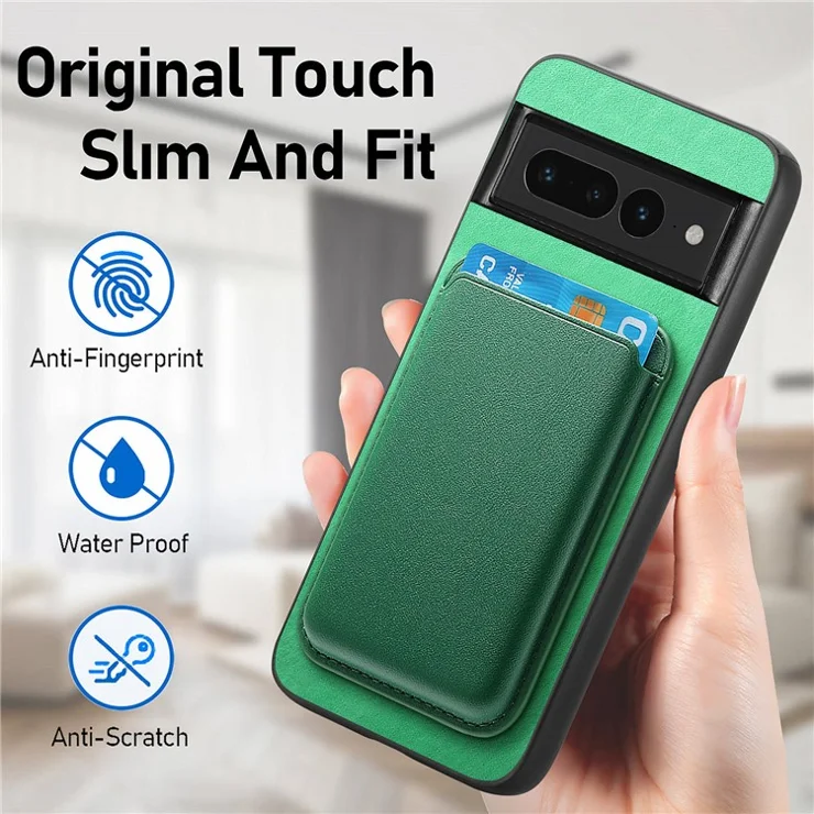 B2 For Google Pixel 7 Pro 5G Magnetic Case Card Holder PU Leather+TPU Phone Cover - Green
