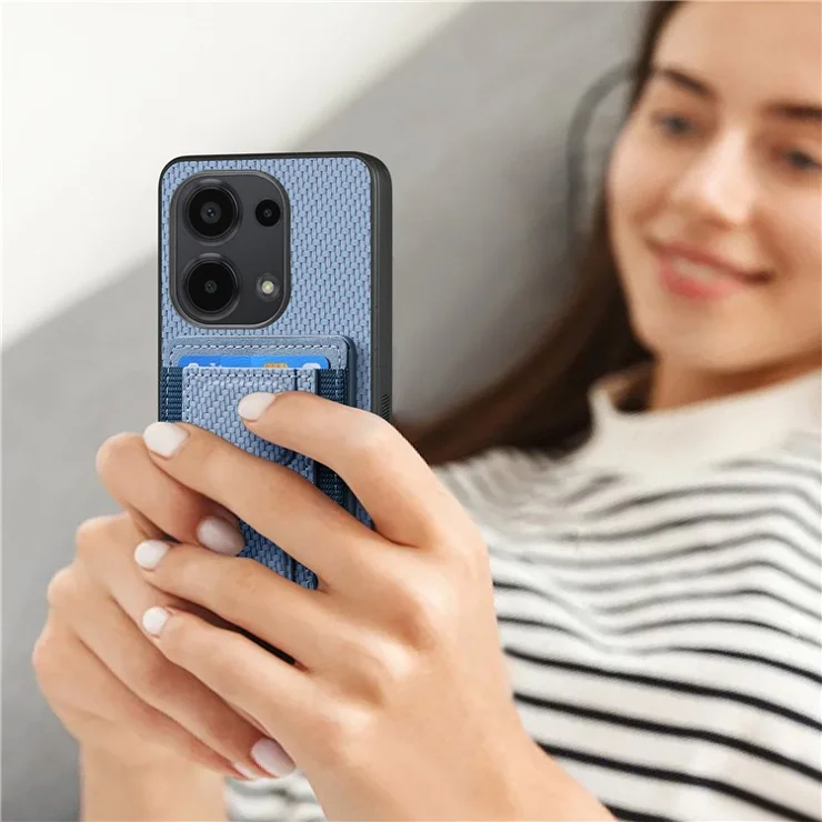 For Xiaomi Redmi Note 13 Pro 4G / Poco M6 Pro 4G Case with Card Holder Kickstand Fiber Pattern Leather Back Cover - Blue