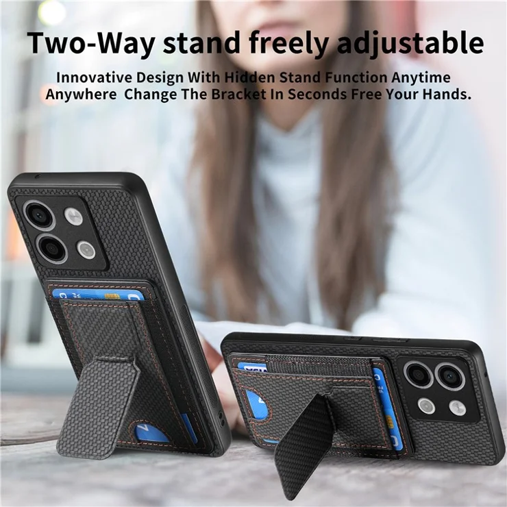 For Xiaomi Poco X6 5G / Redmi Note 13 Pro 5G Case with Card Holder Kickstand Fiber Pattern Leather Back Cover - Black