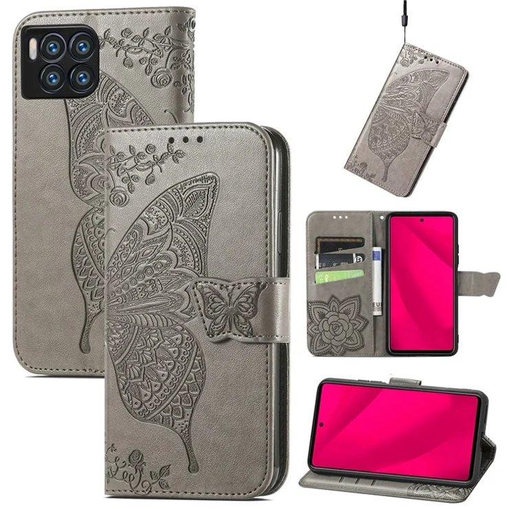 For T-Mobile REVVL 7 Pro Wallet Case Butterfly Imprint PU Leather Phone Cover - Grey
