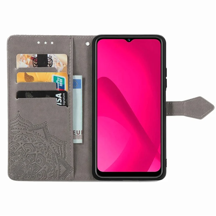 For T-Mobile REVVL 7 Stand Case Mandala Flower Leather Wallet Phone Cover - Grey
