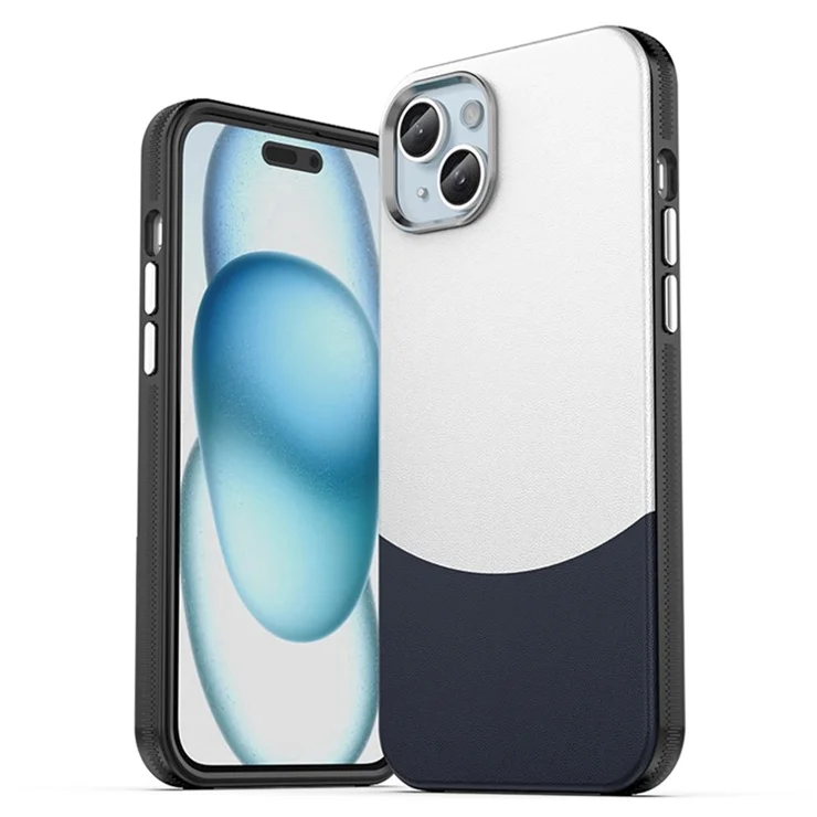 For iPhone 15 Plus Magnetic Case Metal Buttons Leather+PC+TPU Phone Cover - Dark Blue