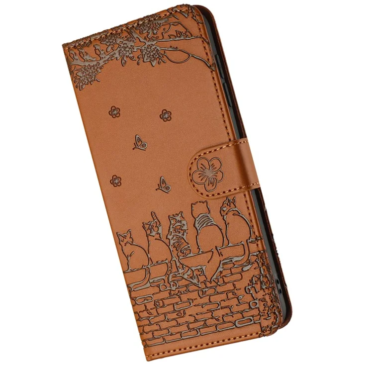 For iPhone 16 Case with Wrist Strap Leather Phone Cover Wall Cats Pattern - Brown