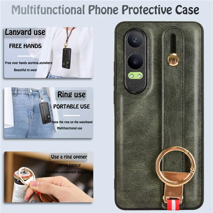 For OnePlus Nord CE4 Lite 5G / Oppo K12x 5G (China) Case Wristband Kickstand Leather+PC+TPU Cover - Green