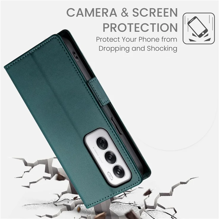 DF-010 For Oppo Reno12 5G (Global) Wallet Phone Case Stand PU Leather Flip Cover - Blackish Green