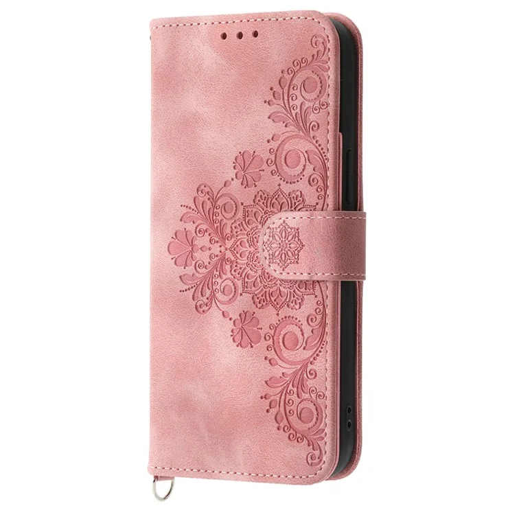 For Oppo Reno12 5G (Global) Wallet Phone Case Flower Imprint PU Leather Flip Cover with Straps - Wine Red