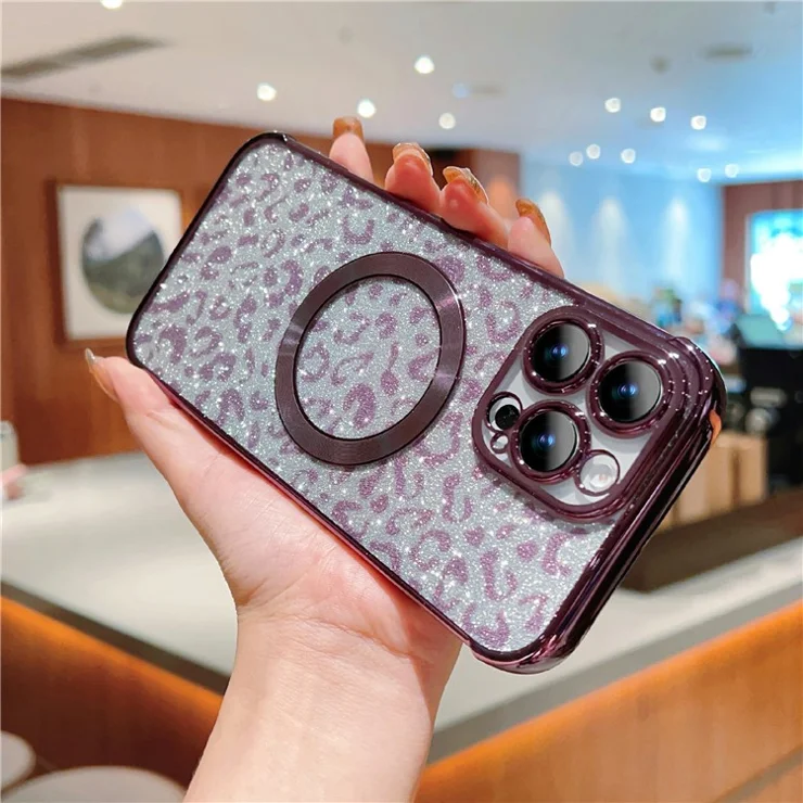 For iPhone 16 Pro Case Compatible with MagSafe Sparkly Leopard Print Clear TPU Phone Cover - Dark Purple