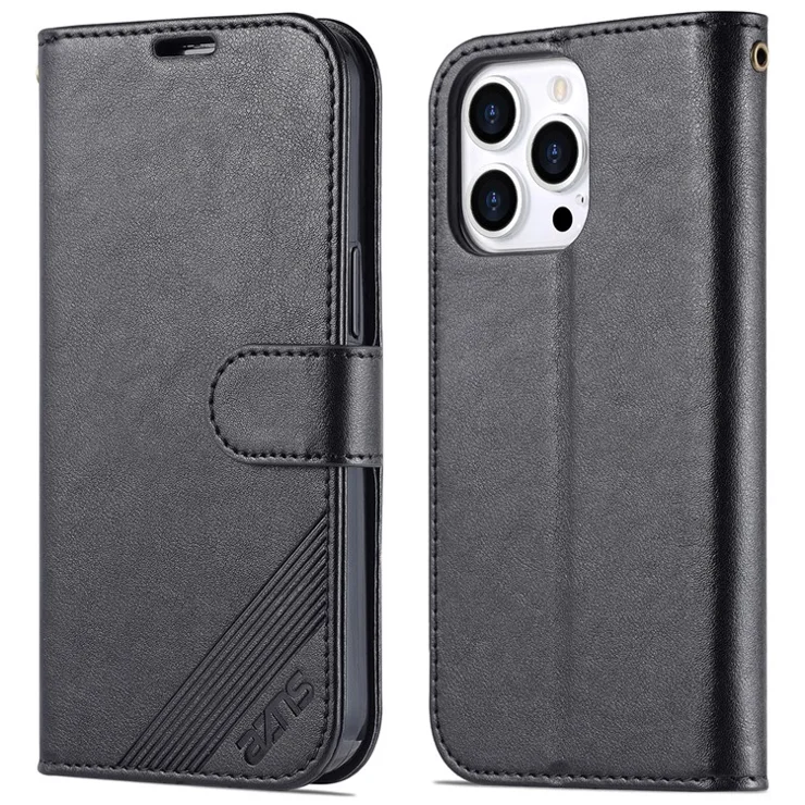 AZNS For iPhone 16 Pro Max Wallet Phone Case Anti-Scratch PU Leather Stand Cover - Black