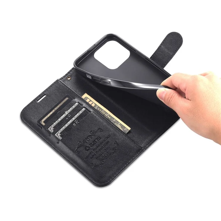 AZNS For iPhone 16 Pro Max Wallet Phone Case Anti-Scratch PU Leather Stand Cover - Black