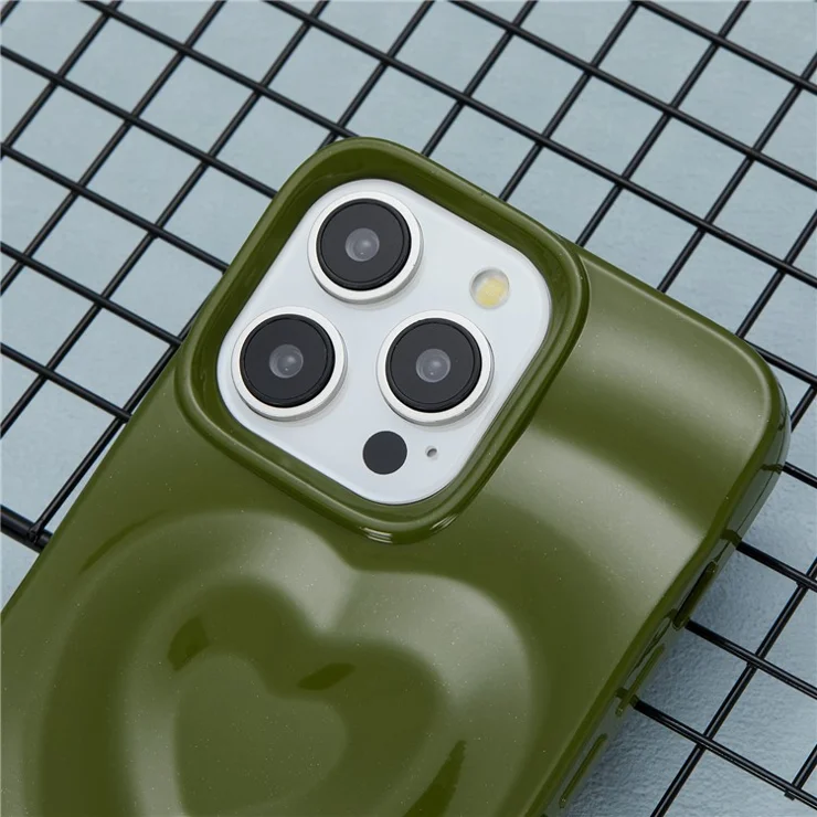 WT Series For iPhone 15 Pro Case Protective TPU 3D Heart Design Phone Cover - Avocado Green