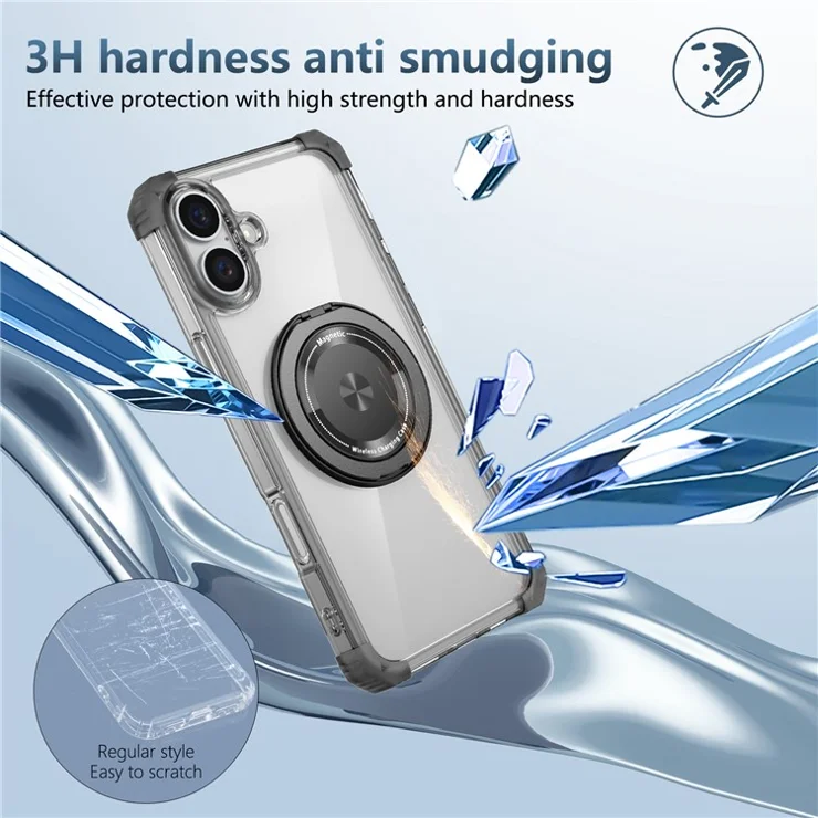 For iPhone 16 Plus Case Compatible with MagSafe Rotating Kickstand PC+TPU Phone Cover Military Shockproof - Transparent Black