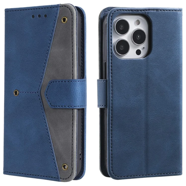 For iPhone 16 Pro Case Leather Flip Phone Cover Splicing Stitching - Blue