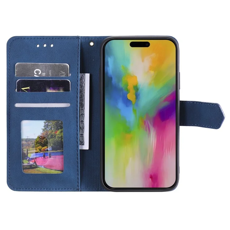 For iPhone 16 Pro Case Leather Flip Phone Cover Splicing Stitching - Blue