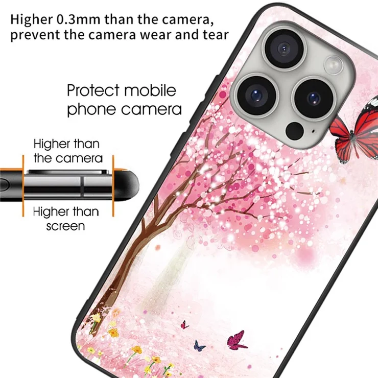 For iPhone 16 Pro Max Cases Tempered Glass+TPU Phone Case Pattern Printed - Cherry Blossom Trees