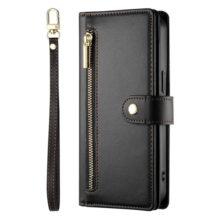 DF-011 For iPhone 16 Pro Max Wallet Case Card Slots Leather Phone Cover with Long / Short Straps - Black
