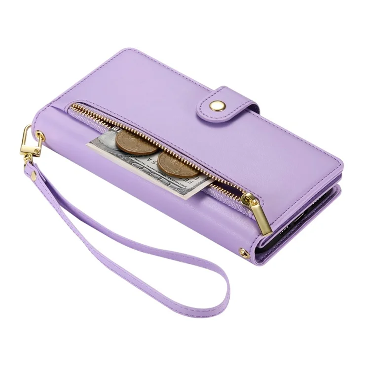 DF-011 For iPhone 16 Pro Max Wallet Case Card Slots Leather Phone Cover with Long / Short Straps - Purple
