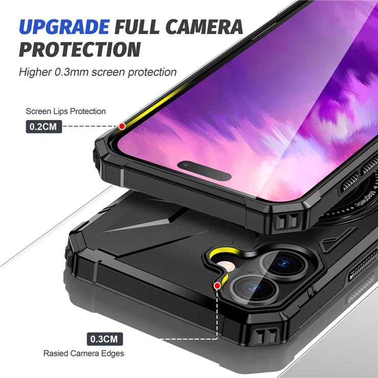For iPhone 16 Magnetic Case TPU+PC Phone Cover with Rotary Ring Kickstand - Black