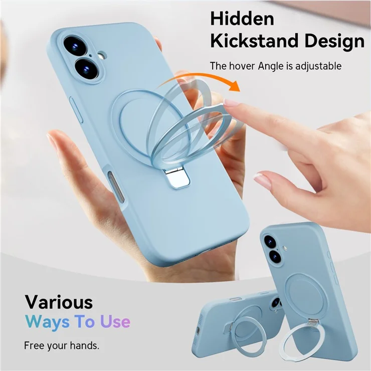 For iPhone 16 Case Rotatable Magnetic Kickstand Liquid Silicone Shockproof Phone Cover - Pink