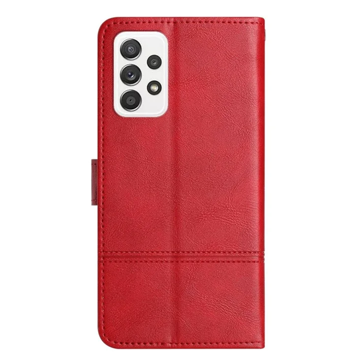 For Samsung Galaxy A73 5G Sewing Line Decor Phone Shell Cowhide Texture Wallet Business Style PU Leather Stand Phone Case - Red