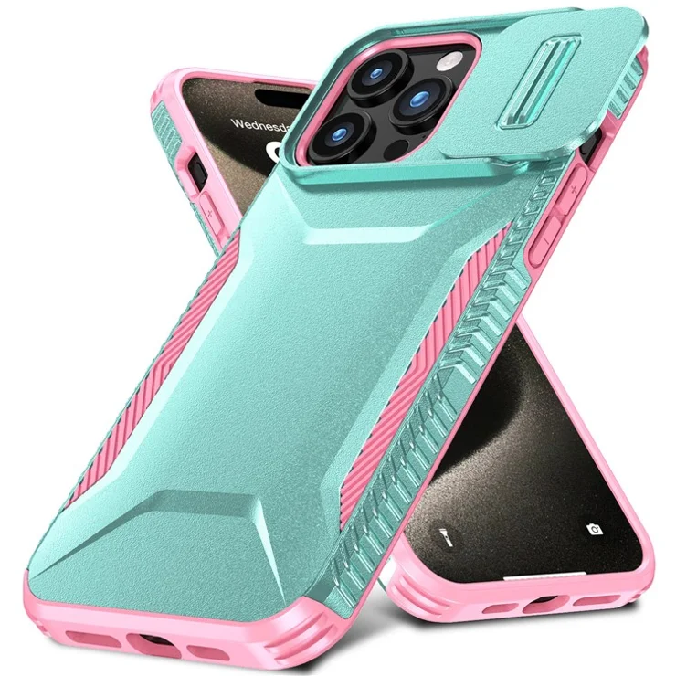 For iPhone 15 Pro Max Case Shockproof PC+TPU Phone Shell with Sliding Camera Cover - Green / Pink