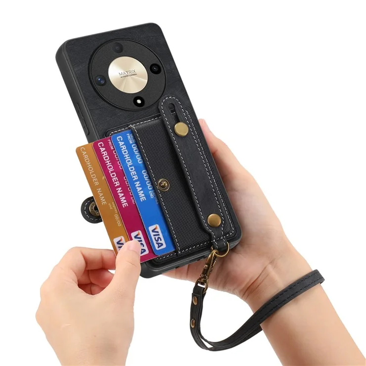 For Honor Magic6 Lite 5G / X9b 5G Case Kickstand PU Leather Retro Back Cover Card Holder - Black
