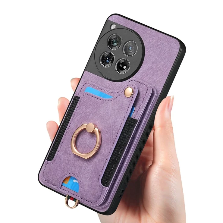 D4 For OnePlus 12 5G Case PU Leather RFID Blocking Back Cover Ring Holder Card Slots - Purple