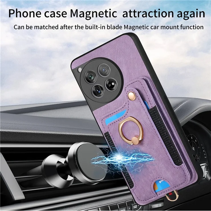 D4 For OnePlus 12 5G Case PU Leather RFID Blocking Back Cover Ring Holder Card Slots - Purple
