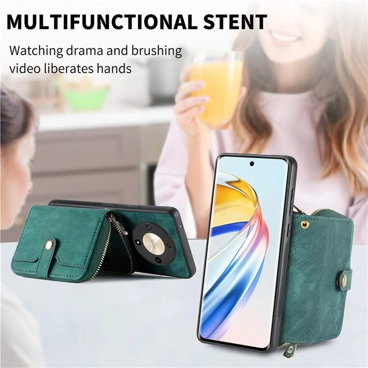 For Honor Magic6 Lite 5G / X9b 5G Case Ipper Card Holder PU Leather Phone Back Cover with Long Strap - Green