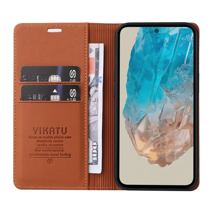 YIKATU YK-001 For Samsung Galaxy M35 5G Case Leather Flip Phone Cover Hidden Magnetic Absorption - Brown