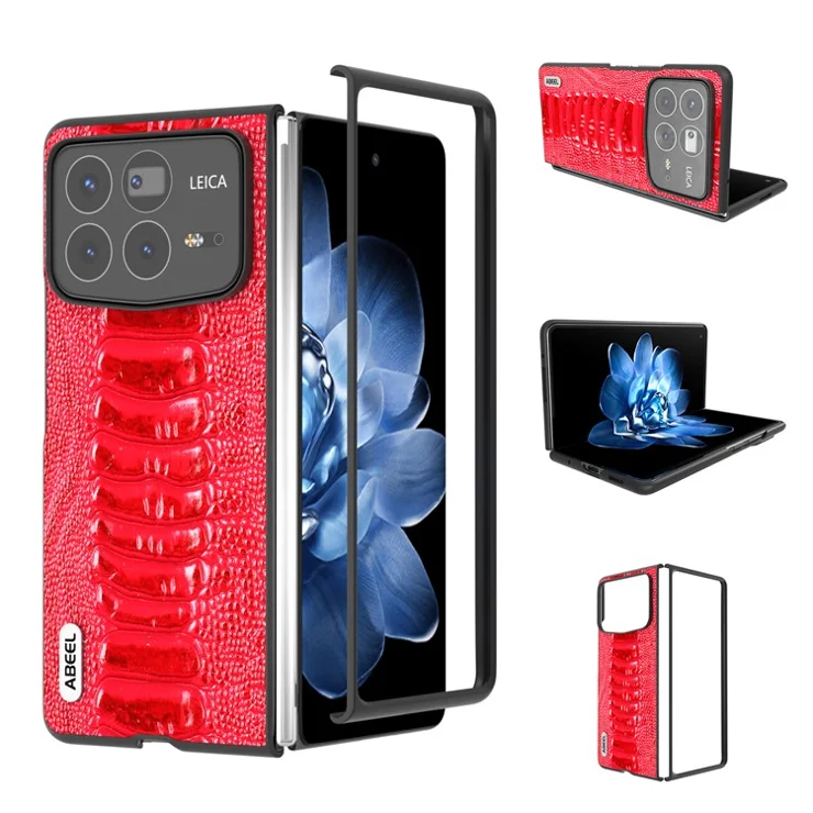 ABEEL For Xiaomi Mix Fold 4 5G Case Genuine Cow Leather+PC Crocodile Texture Phone Cover - Red
