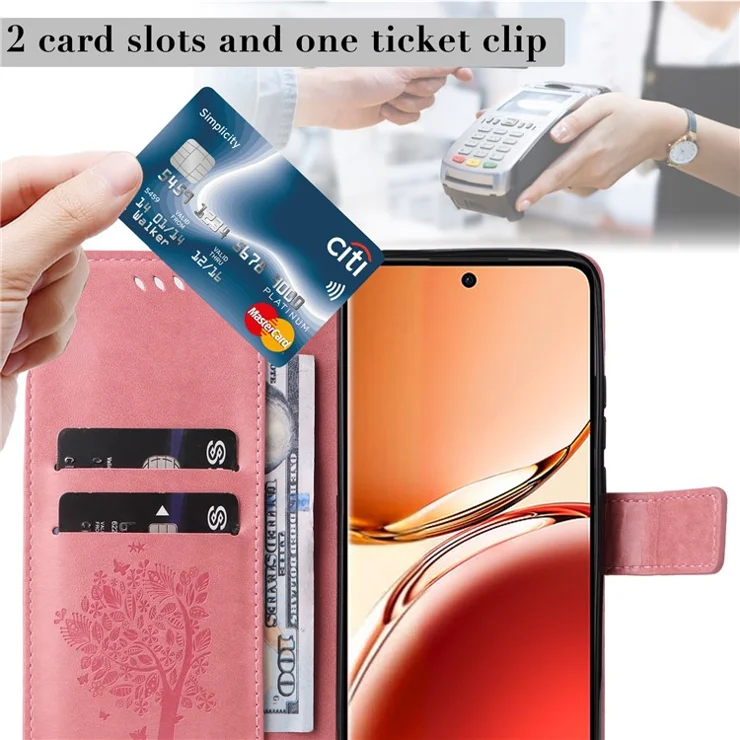 For Oppo Reno12 F 4G Phone Case with Stand Cat Tree Pattern Leather Wallet Mobile Cover - Pink
