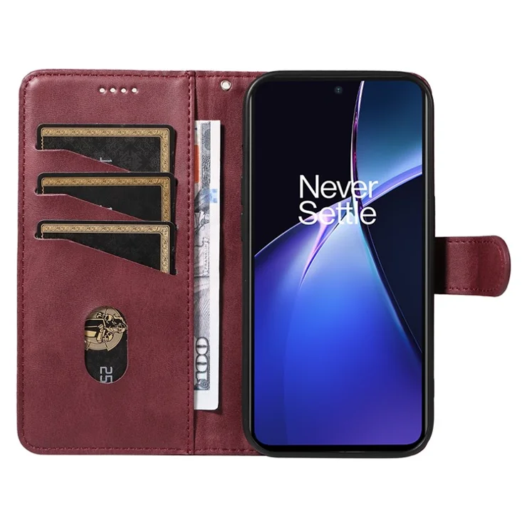 For OnePlus Nord CE4 Lite 5G / Oppo K12x 5G (China) Case T-Shape Lines Leather Shockproof Wallet Phone Cover - Wine Red