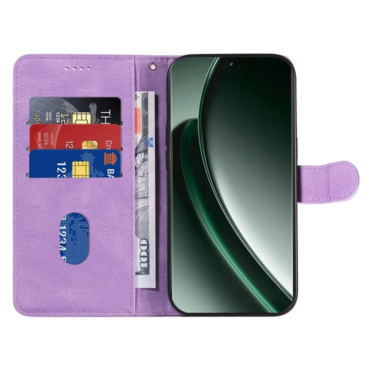 For Realme GT 6 5G Case Stand Wallet Leather Phone Cover Curved Line Wrist Strap - Light Purple