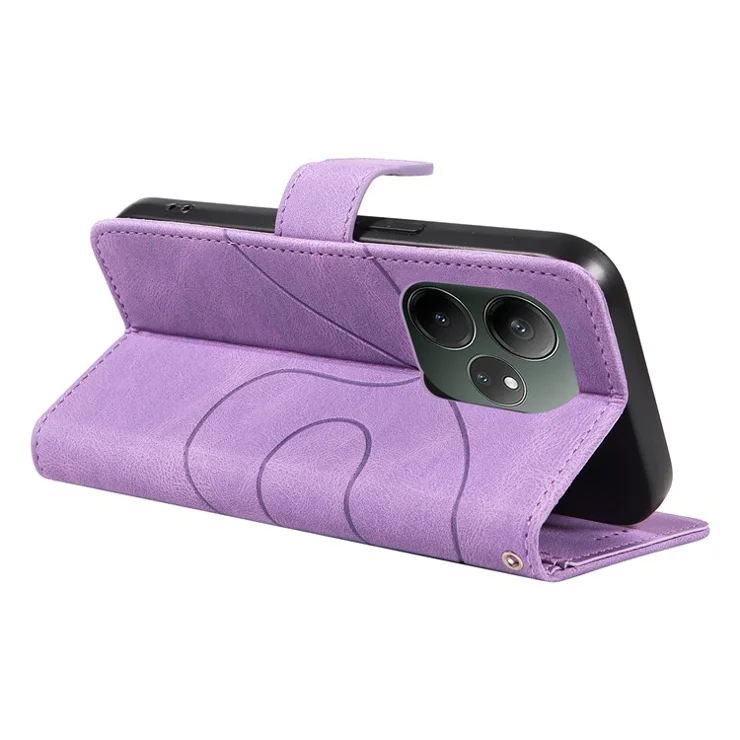For Realme GT 6 5G Case Stand Wallet Leather Phone Cover Curved Line Wrist Strap - Light Purple