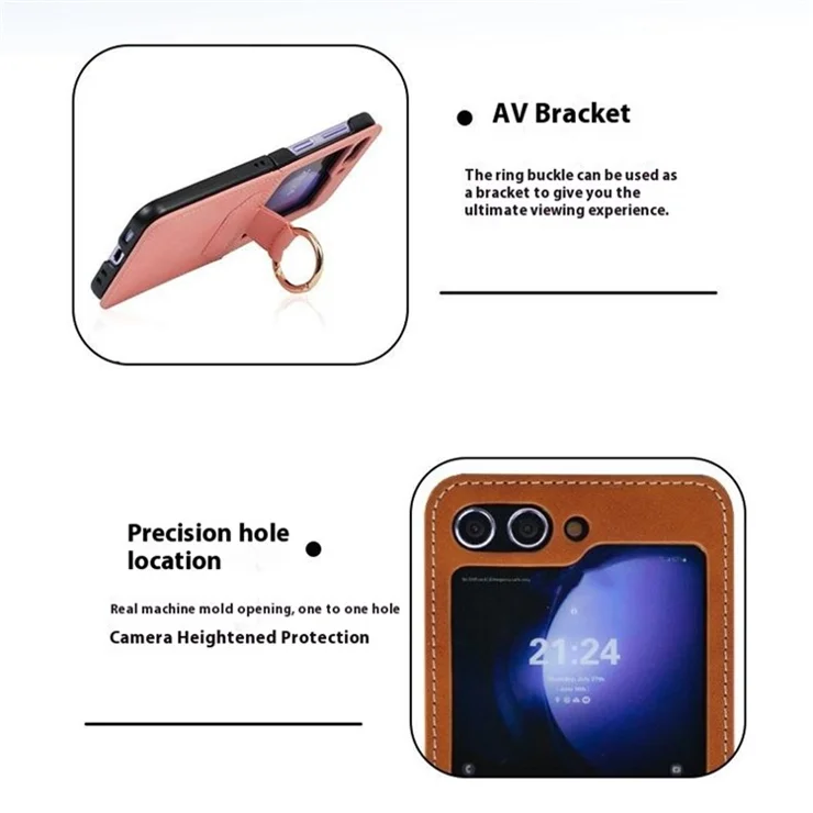 For Samsung Galaxy Z Flip6 5G Case Ring Holder Kickstand Leather + PC Phone Cover - Pink