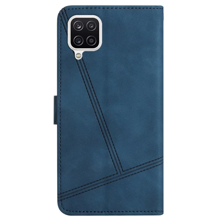 For Samsung Galaxy A22 4G (EU Version) Skin-touch Feeling Vintage PU Leather Phone Cover Lines Decor Drop-proof Flip Stand Shell Case with Wallet - Blue