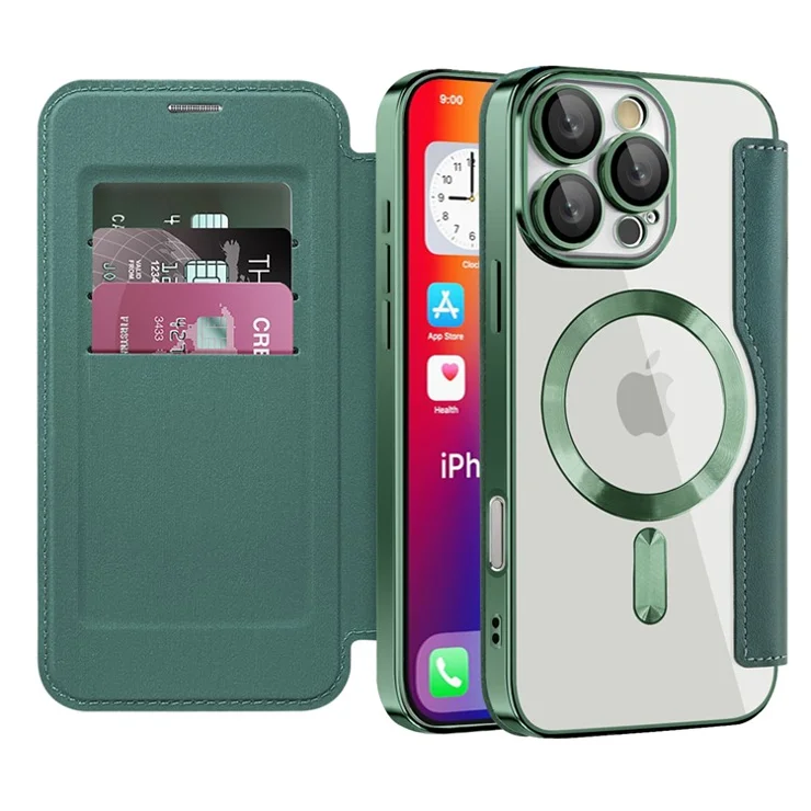 For iPhone 16 Pro Max Magnetic Case Card Slots RFID Blocking Leather Phone Cover - Blackish Green