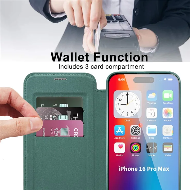 For iPhone 16 Pro Max Magnetic Phone Case RFID Blocking Phone Leather Cover - Blackish Green