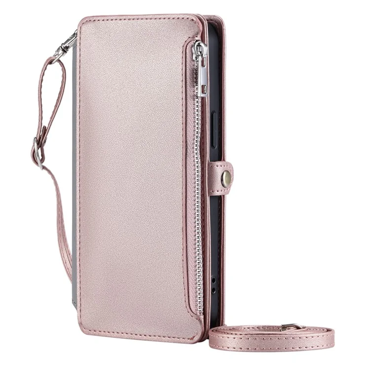 015 Style For Samsung Galaxy S24 Wallet Phone Case Leather Flip Cover with Straps - Rose Gold