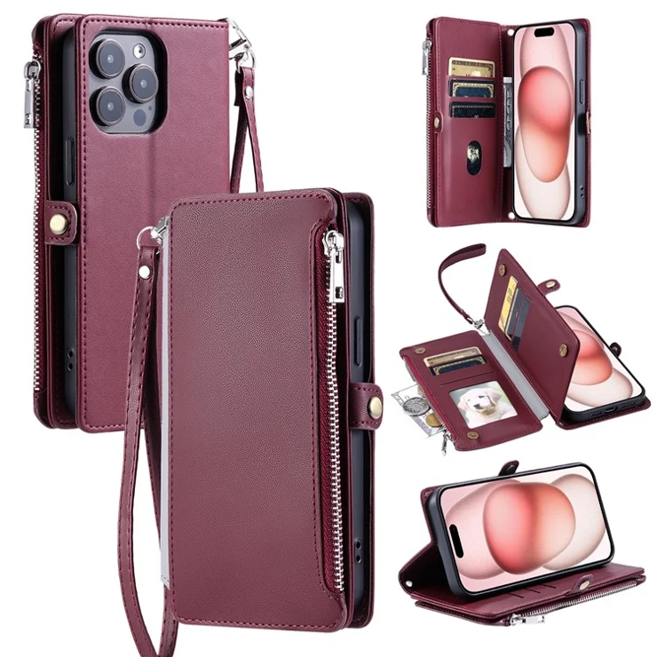 015 Style For iPhone 16 Pro Max Wallet Case Anti-Scratch Leather Phone Cover with Straps - Wine Red