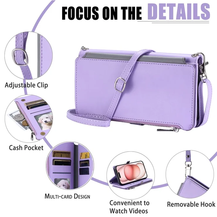 015 Style For iPhone 16 Case Anti-Scratch Card Slots Leather Phone Cover with Straps - Purple