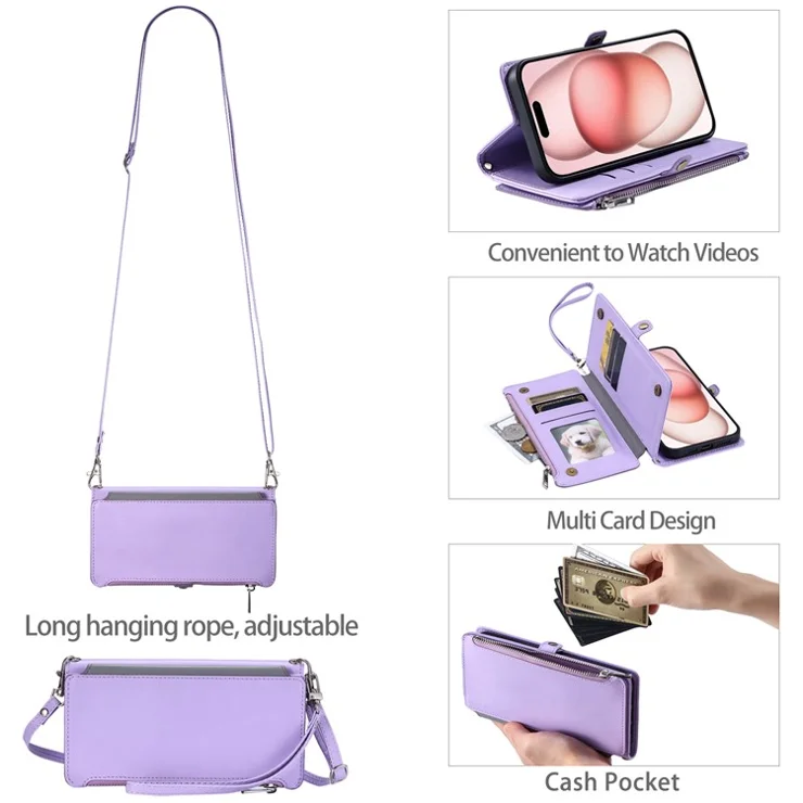 015 Style For iPhone 16 Case Anti-Scratch Card Slots Leather Phone Cover with Straps - Purple