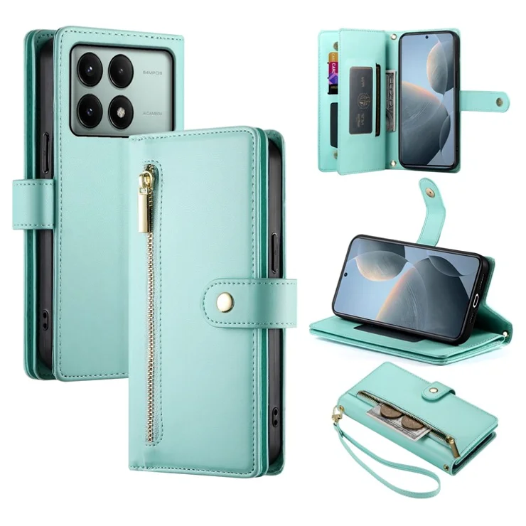 DF-011 For Xiaomi Poco X6 Pro 5G / Redmi K70E 5G Leather Case Zipper Wallet Multiple Card Slots - Mint Green