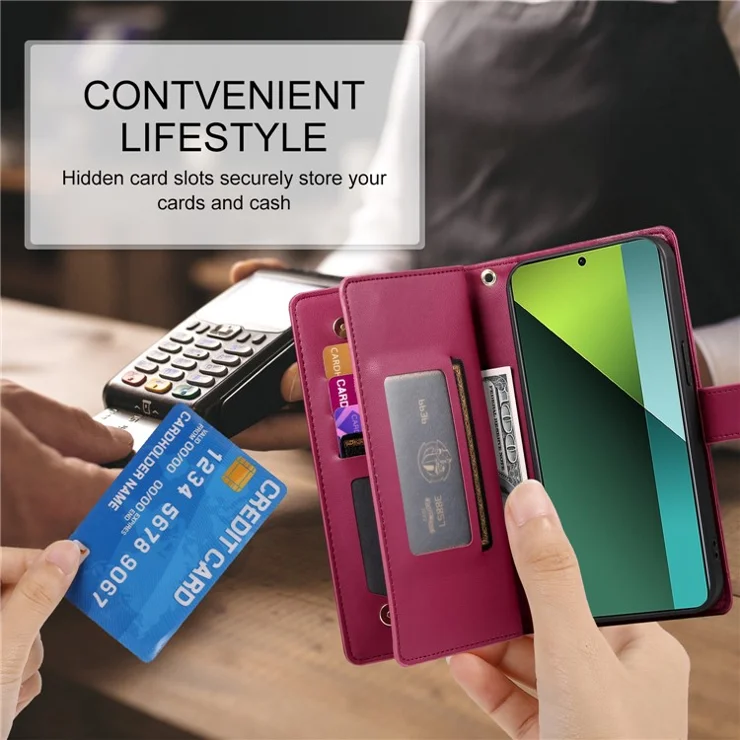 DF-011 For Xiaomi Poco X6 5G / Redmi Note 13 Pro 5G Case PU Leather Zipper Pocket Cover with Straps - Red