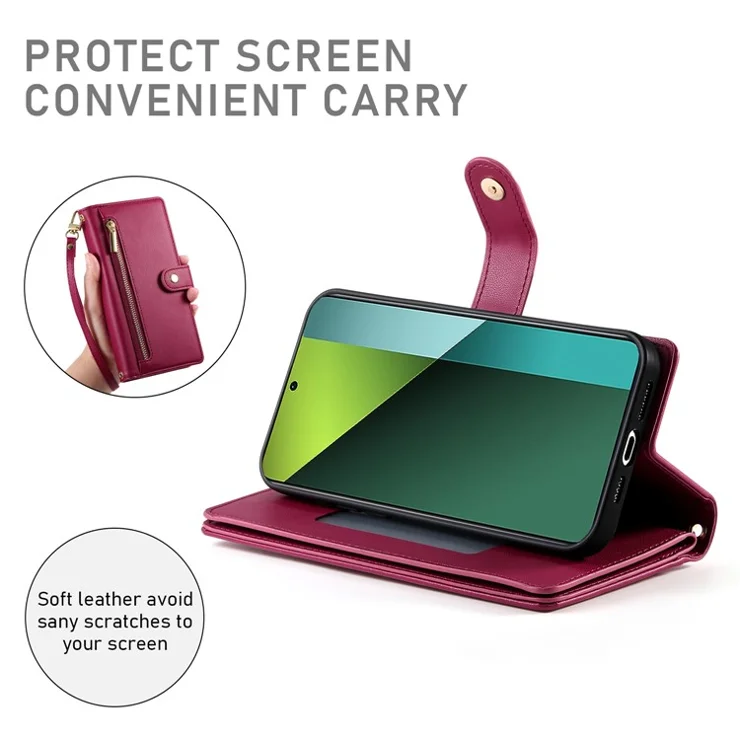 DF-011 For Xiaomi Poco X6 5G / Redmi Note 13 Pro 5G Case PU Leather Zipper Pocket Cover with Straps - Red