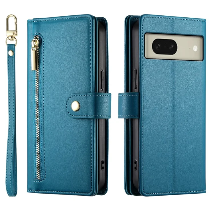 DF-011 For Google Pixel 8 Case Crossbody Leather Phone Cover with Zipper Wallet Card Slots - Blue