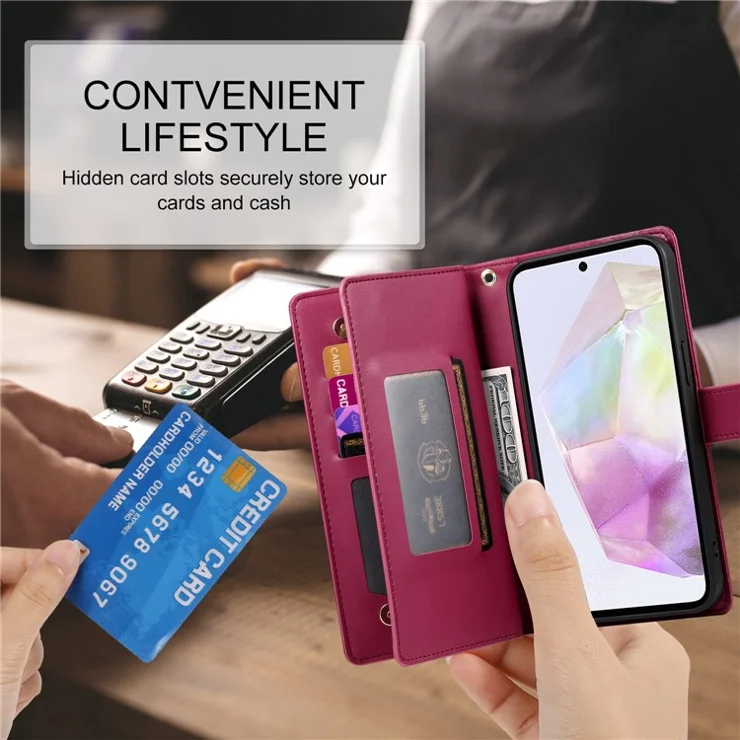 DF-011 For Samsung Galaxy A35 5G Case PU Leather Zipper Pocket Folio Flip Phone Cover - Red