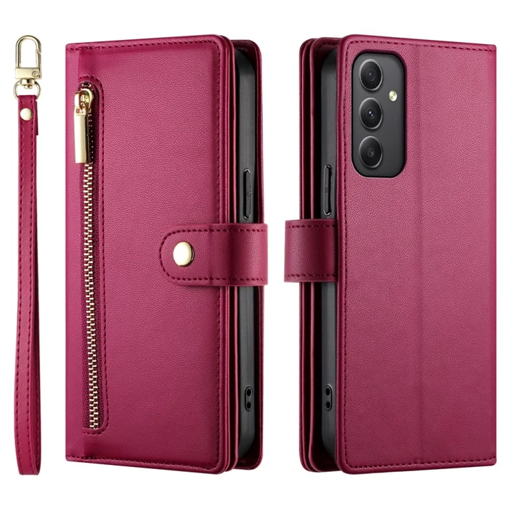 DF-011 For Samsung Galaxy A35 5G Case PU Leather Zipper Pocket Folio Flip Phone Cover - Red