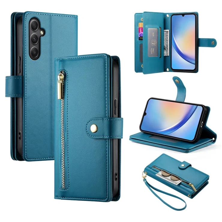 DF-011 For Samsung Galaxy A34 5G Case Card Slots Zipper Leather Cover Crossbody Phone Bag - Blue